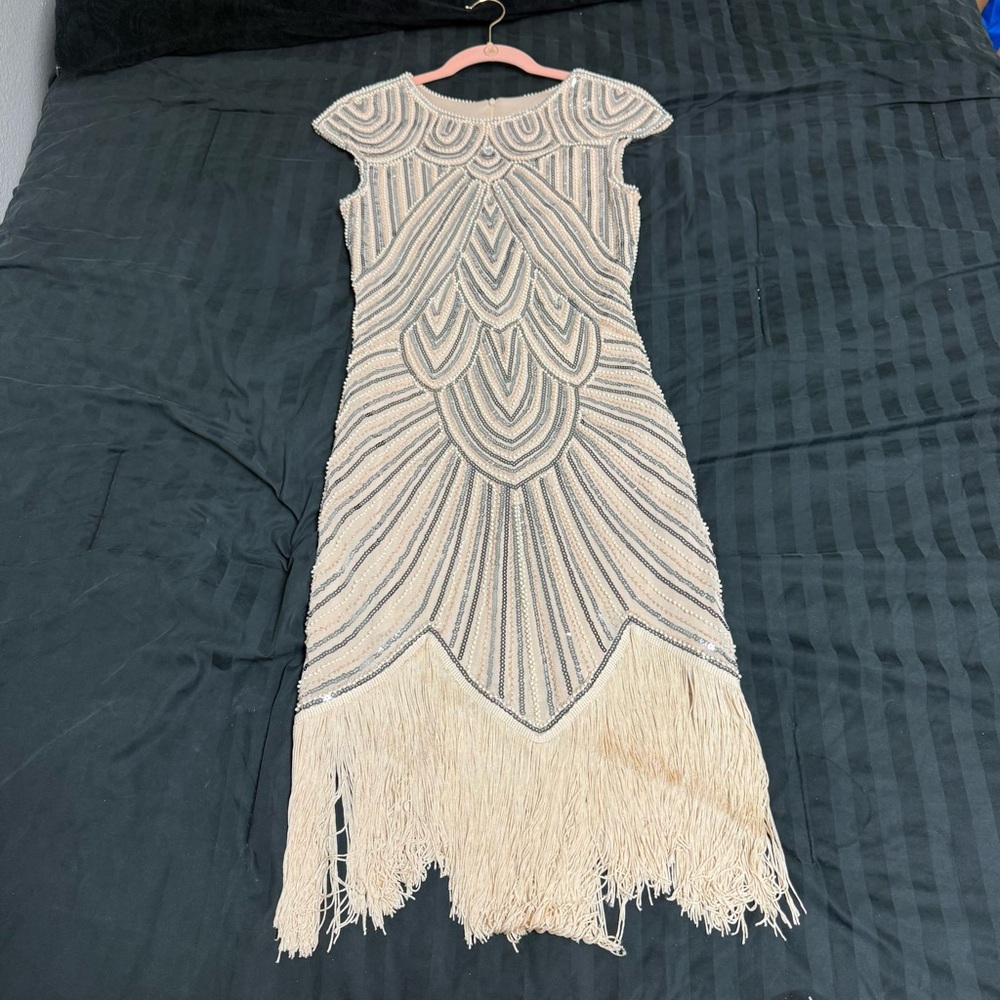 1920s Vintage-Inspired Beige Fringe Sequin Dress - Picture 2 of 8